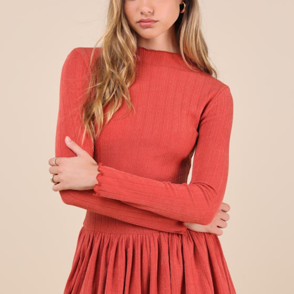 Lulus Approachably Adorable Rust Red Ribbed Bubble-hem Mini Dress - Size M